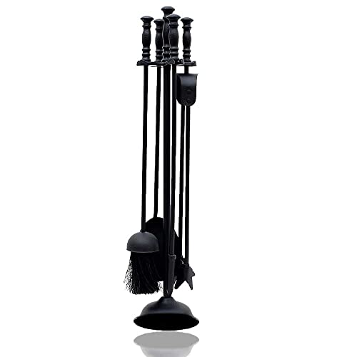 GBS 4pc Black Fireplace Companion Set, Burring Fire Tools Set Pack Contains A Poker, Pair of Tongs, A Brush, and A Coal Shovel_ Traditional Style Fireplace Companion Set