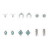 6Pcs Bohemia Western Cowboy Turquoise Dangle Earring Set Retro Cowgirl Cowboy Cow Head Boots Cactus Flower Stud Earrings for Women Country Concert Dress Outfits Rodeo Jewelry Gifts-StyleF