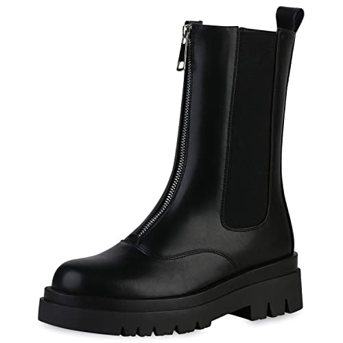 VAN HILL Damen Klassische Stiefel Blockabsatz Schuhe Zipper Freizeit Boots...