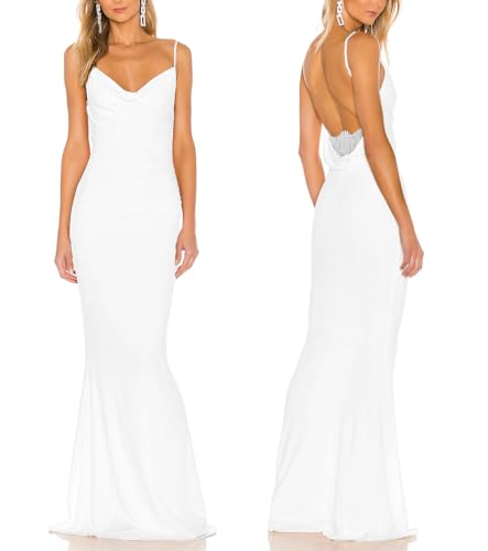 Image of Aigeman Women Spaghetti Straps Mermaid Evening Gown Wedding Guest Dress Drape Neck Lace Backless Formal Maxi Dress 21