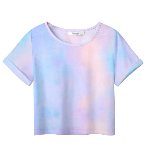 Arshiner T-Shirt Mädchen Kurz Violett Kinder Sommer Oberteile Rundhals Kurzarm Shirt Sport Casual Tshirts für Mädchen 9-10 Jahre