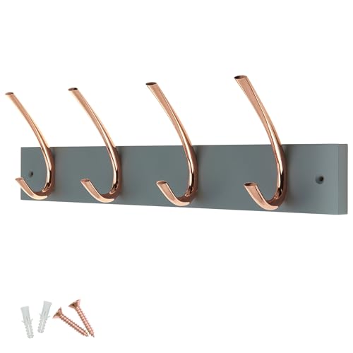 keypak 4 Double Hook Coat Rack - Polished Copper on Grey Board - 46cm Wide - Wall Mounted Wooden Rack for Hats, Coats, Entryway & Bathroom Use