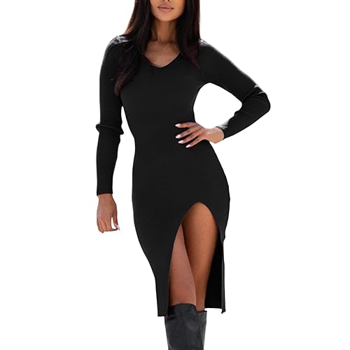 Rock Damen Langärmliges Pulloverkleid für Damen im mit Rollkragen, schmale Passform, Strick-Midikleid mit Schlitz (Black, M)