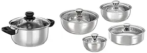 Amazon Brand - Solimo Stainless Steel Induction Bottom Dutch Oven with Glass Lid & Stainless Steel Double Walled Insulated Serving Bowls and Roti Server (Set of 3 Serving Bowls and Roti Server 1100ml)