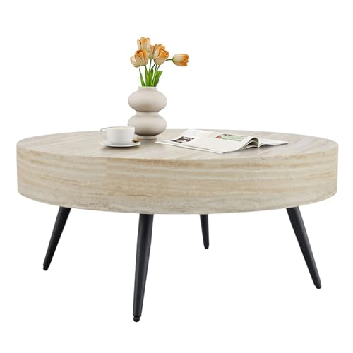Round Coffee Table, Small Wood Stone Coffee Table with Storage, Modern Mid Century Circle Tables Accent Center Tables for Living Room Apartment Small Space (31.5''D-Stone Travertine Pattern)