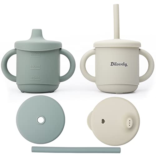 Image of Dilovely Silicone Sippy Cup for Toddler, Transition Straw Cups for baby 12 months +, Unbreakable Kids Cups 3 in 1, 2 Pack Dishwasher & Microwave Safe, BPA Free 7oz Green