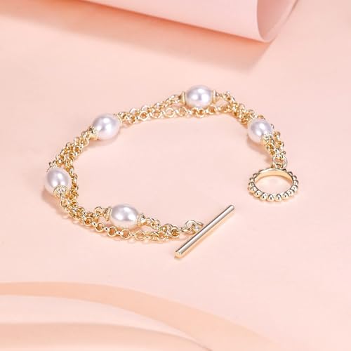 Image of Gold Pearl Bracelet for Women, REAL 14K Gold Plated Double Layered Dainty Pearls Bracelet, Elegant Stackable Flower Jewelry Gift for Her with OT Clasp