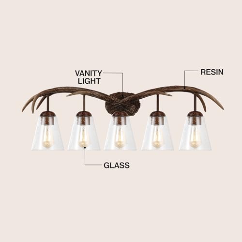 Image of JONATHAN Y 37.75 inch Brown Wood Finish 5-Light Resin Antlers Vanity Light Wall Sconce Rustic Farmhouse for Living Room Bathroom with Clear Seeded Glass Shades LED Bulbs Included JYL6316A