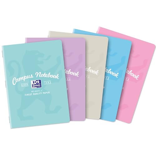Oxford A5 Notebook Pack of 5 Notepads Jotters thick Optik Paper+ 120 Pages 8mm Lined with Margin PEFC Certified Pastel Colours for Students and Professionals