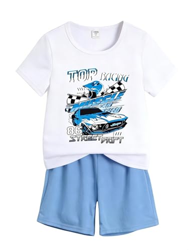 Image of OLMRJKD Boys 2 Piece Outfits Short Sleeve Colorblock T-shirt and Shorts Summer Casual Clothes for 6-12 Years