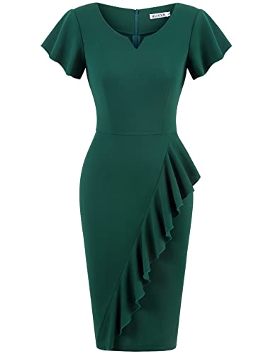 MUXXN Damen Klassisches 1930er Jahre gekerbtes Hals Rüschen figurbetontes Etui Business Formal Bleistiftkleid, dunkelgrün, XX-Large Cover