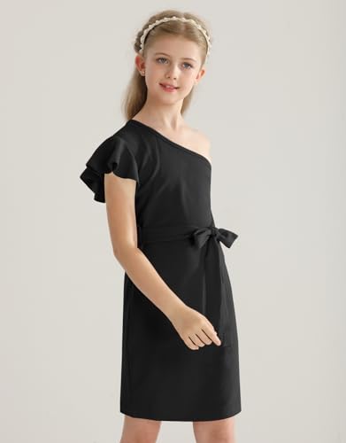 21KIDS Girl's One Shoulder Ruffle Flounce Sleeve Party Birthday Dress with Belt 6-14 Years4
