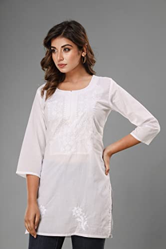Image of Lucknowi Chikan Embroidered Short Casual White Kurti for Women