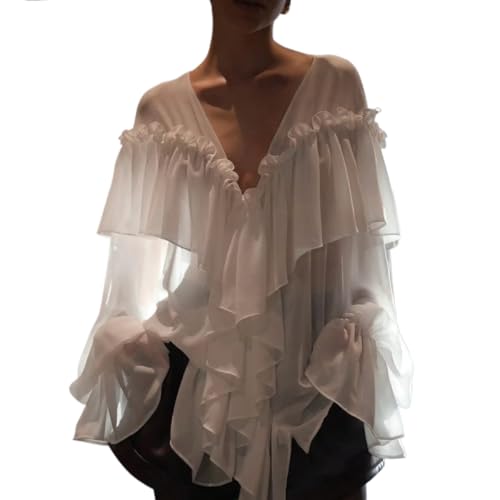 Women's Victorian Ruffled Chiffon Blouse Long Sleeve V-Neck Loose Fit Sheer Shirt Elegant Business Casual Tops