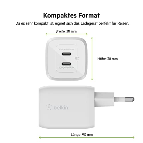 Belkin 65-W-USB-C-Ladegerät mit 2 Ports und USB-C/C-Kabel, Schnellladen mit Power Delivery 3.0 und GaN-Technologie für MacBook Pro… – Ansicht 5