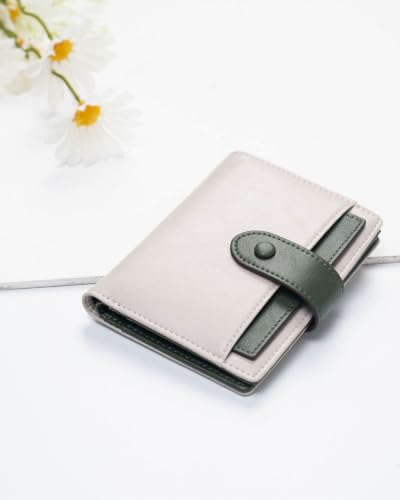 Image of Alldaily Small Slim RFID Blocking Leather Wallet for Women, Bifold with 10 Card Slots and Coin Pocket (Cream&Olive Green)