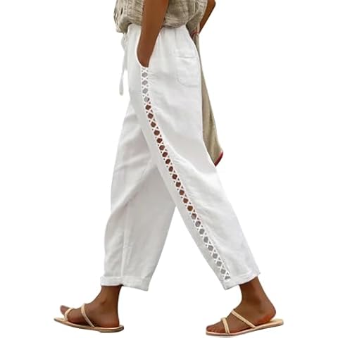 Puimentiua Women's White Linen Capri Pants with Drawstring Petite Summer Beachwear Lightweight Elastic Waist Pants, M Cover