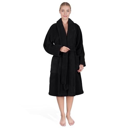 Image of American Soft Linen Women's Fleece Bathrobe - Luxury Soft, Plush, Fuzzy & Warm Turkish Robe for Women, Cozy Spa Quality Adult Bathroom Lounge Robe, Black L
