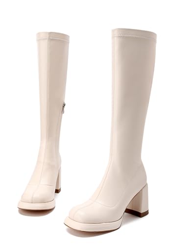 Women's Chunky Platfrom Block Heel Round Toe Shoes Side Zipper Soft Comfortable Stretched Black Matte PU Leather Sexy Knee High Boots3