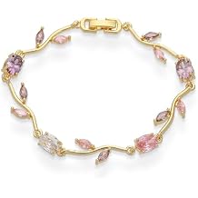 Crystal Flower Leaf Bracelet for Women Gold-Tone/Silver Plated Dainty Colorful Oval Cz Cubic Zirconia Floral Tennis Bracelets Sweet Fine Bridal Wedding Prom Jewelry for Her 7.48inch