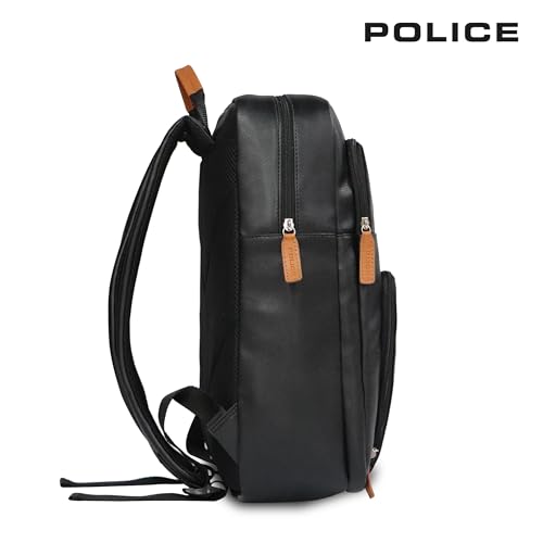 Image of Police KYLO Vegan Leather Laptop Backpack for Men & Women | 15 Inch Laptop Bag | Lightweight Stylish Office Backpack | Front Pocket | Adjustable Padded Straps | Travel Work Backpack - Black /Tan