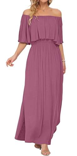 Image of AUSELILY Womens Off Shoulder Ruffle Split Summer Maxi Dresses with Pockets | Off-shoulder Ruffle dress with empire waist & side split for summer beach and casual parties