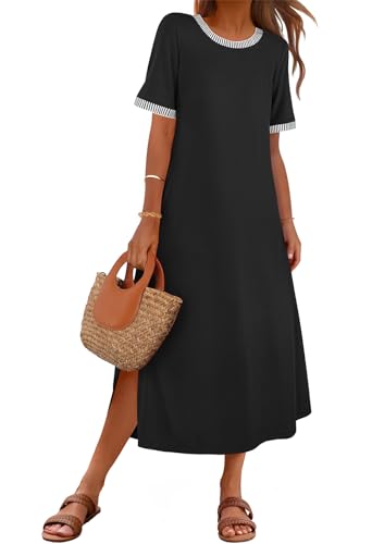 MEROKEETY Women's 2025 Summer Casual Maxi Dress Spring Beach Vacation Short Sleeve Crewneck Split Midi T Shirt Dresses2
