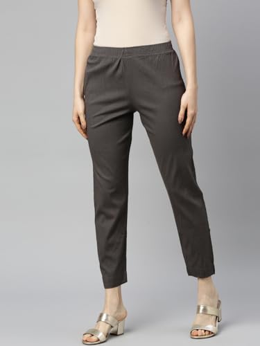 Image of MINELLI Women Solid Cigar Pants, Cotton Lycra Slub Fabric, Elasticated Waistband, Pull On Style, Regular Fit Bottom Wear for Western and Ethnic Wear