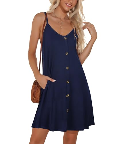 JOELLYUS Summer Dresses for Women Spaghetti Strap Button Down Casual Sundress Beach Cover Up Dress with Pockets4