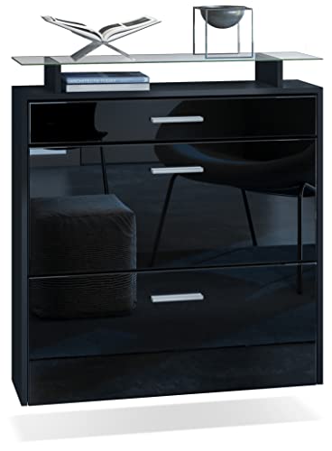 Vladon Meuble Chaussures Malea, Armoire à Chaussures Murale pour 16 Paires avec 2 clapets, 1 tiroir et 1 Tablette en Verre, Noir Mat/Noir Haute Brillance (89 x 96 x 23 cm)