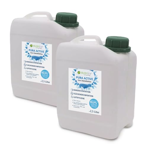 Pura Active Desinfektionsmittel alkoholfrei 2×2 5L für Hände Haut & Flächen basisches Hygienespray für Haushalt & Familie geruchsneutralisierend ohne Zusatzstoffe - Made in Germany