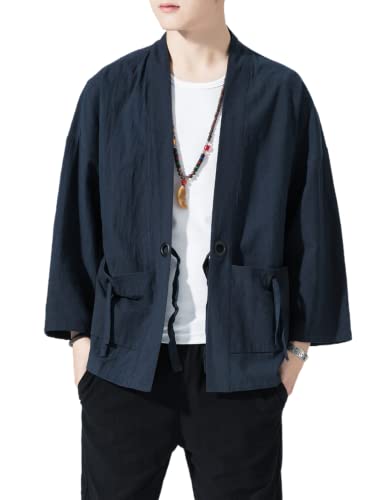 Image of Men's Japanese Kimono Cardigan Loose Cotton Linen 3 /4 Sleeve Open Front Casual Summer Shirt Jackets
