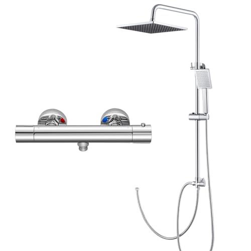 Auralum Duscharmatur mit Thermostat, Duschsystem mit Quadratischer Regendusche (25 × 25 cm), Handbrause, Thermostat und Höhenverstellbarer Duschstange Auralum Duscharmatur mit Thermostat, Duschsystem mit Quadratischer Regendusche (25 × 25 cm), Handbrause, Thermostat und Höhenverstellbarer Duschstange