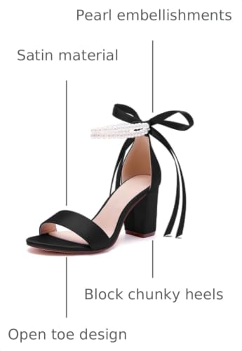 Image of Women's Open Toe Pearl Wedding Shoes for Bride High Heels Sandals Satin Bridal Block Chunky Heels Ankle Strap Prom Evening Party Pumps
