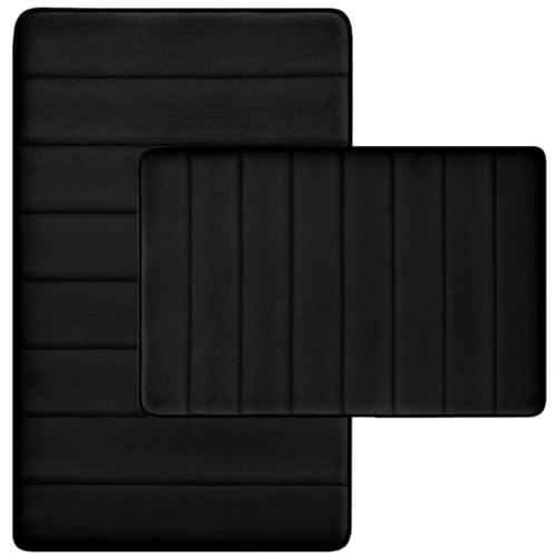 RUN HELIX Bathroom Rugs Set 2 Piece Memory Foam Bath Rugs Non-Slip Bath Mat,Washable Room Mats,Absorbent Shaggy Rug Super Soft Kitchen Mats, Batroom Carpets for Bathroom,Tub,Shower Home Decor（Black）