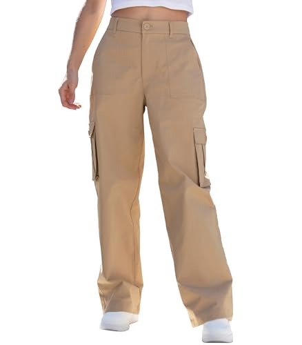 Cargo Pants for Women High Waisted Women's Y2K Baggy Casual Pants with 6 Pockets and Elastic Waist