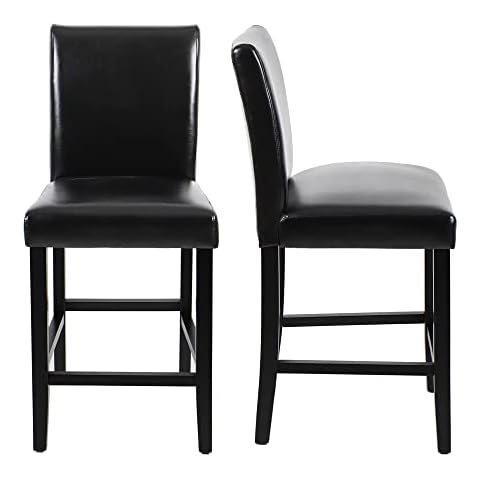 GOTMINSI Set of 2 Classic 24 Inches Counter Height Stools Upholstered Bar Stools with Solid Wood Legs and Black Leather Counter Stool(PU Black) Cover