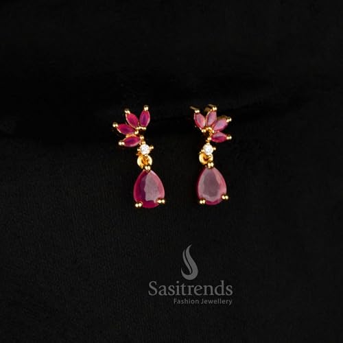 Image of Sasitrends Micro Gold Plated American Diamond Ruby stone Studded Necklace Jewellery Set