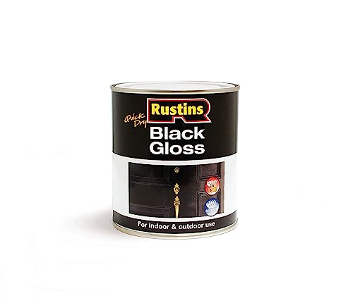 RUSTINS Quick Dry Black Gloss Paint 500ml Fast-Drying Water-Based Caoting for Wood and Metal; Durable Hard-Wearing Finish with Smooth Gloss Shine; Low Odour Sustainable Paint for Home and Trade Use