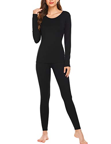 Ekouaer Thermal Underwear Women Ultra-Soft Long Johns Set Base Layer Skiing Winter Warm Top & Bottom Black