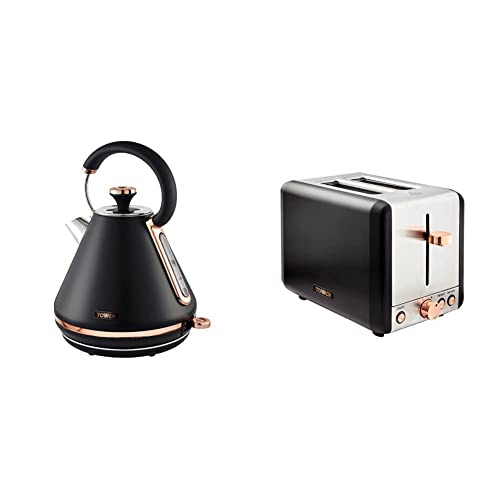 Image of Tower T10044RG Cavaletto Pyramid Kettle with Fast Boil, Detachable Filter, 1.7 Litre, 3000 W, Black and Rose Gold & T20036RG Cavaletto 2-Slice Toaster with Defrost/Reheat, Black and Rose Gold