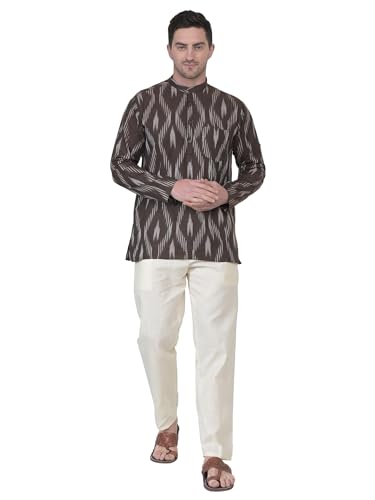 Men's Cotton Short Kurta Pant Handloom Shirt with Pocket Long Sleeve Casual Dress Gifts Items
