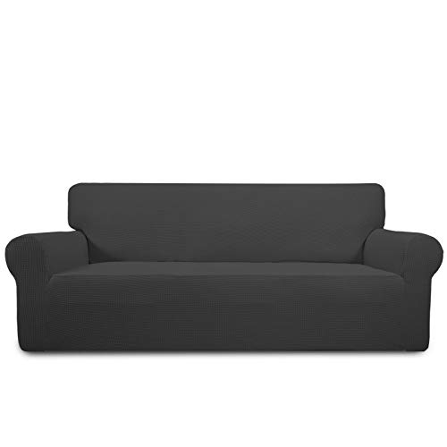 PureFit Stretch Sofa Slipcover – Spandex Jacquard Non Slip Soft Couch Sofa Cover, Washable Furniture Protector with Non Skid Foam and Elastic Bottom for Kids (Sofa, Dark Gray)