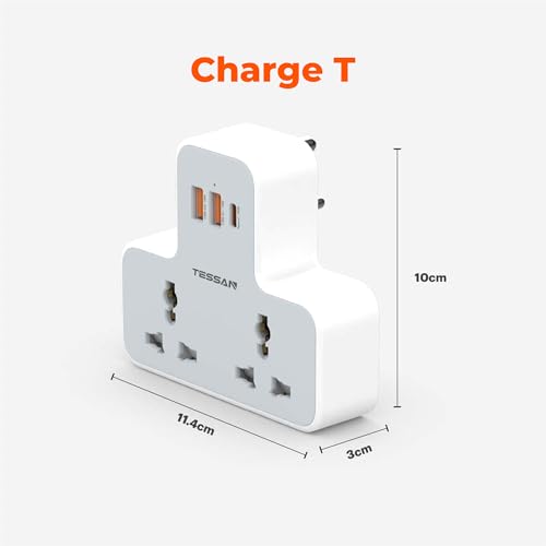 Image of TESSAN Universal Travel Adapter, 15W USB-C GaN Fast Charging, 2 AC Outlets, 2 USB-A Ports, Universal Socket, 3-Pin Plug, Surge Protection, Compatible with 6A Appliances, Space-Saving Design