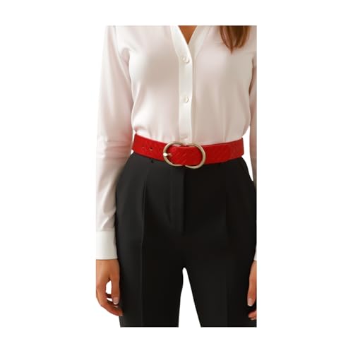 Women Red Basket Weave Faux Leather Waistband Fashion Belt Gold Metal Buckle Adjustable S M4