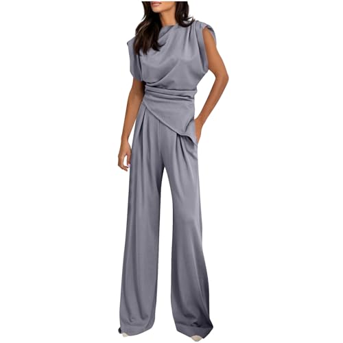 HGps8w Women's Summer 2 Piece Outfits Dressy Irregular Blouse with Pleated Wide Leg Pants Formal Office Pant Suits