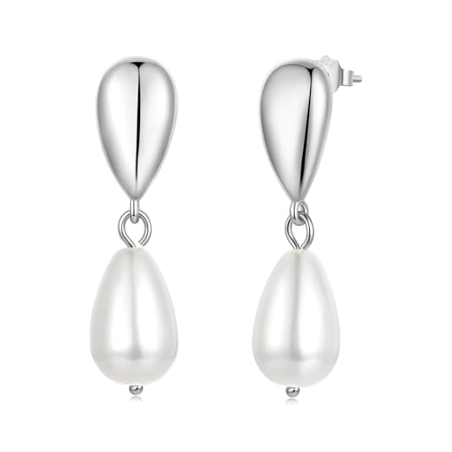 MUNDELL 14K Gold Plated Solid 925 Sterling Silver Post Pearl Dangle Earrings | Dainty Hypoallergenic Teardrop Stud Earring for Women Fine Jewelry