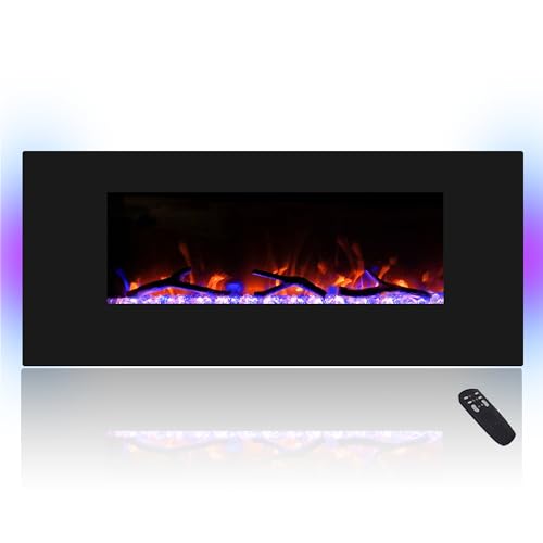 Cheerway 42 Inch Electric Fireplace with Bluetooth Speaker, Wall Mount Fireplace Heater with 5 Spot Light & 7 Flame Settings, Thermostat, Child Lock & Timer by Remote Control, USB and AUX Connection