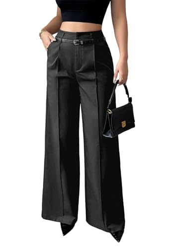 LETSVDO Women's Straight Leg Dress Pants High Waisted Belted Pleated Wide Leg Slacks Trousers(for Work,Business,Office)