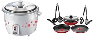 Prestige PRWO 1.8-2 700-Watts Delight Electric Rice Cooker with 2 Aluminium Cooking Pans Bundle with Pigeon by Stovekraft Mio Aluminium Gift Set, Red (8 Pieces)
